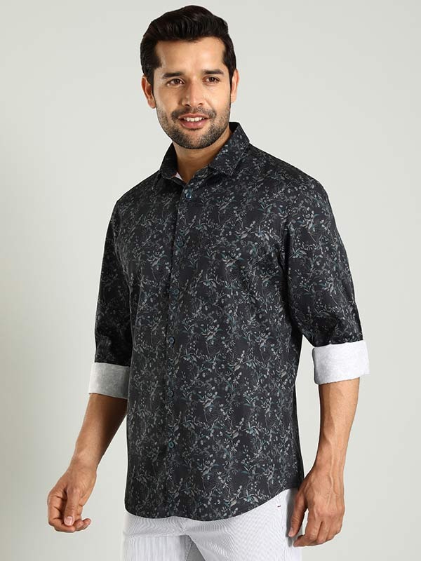 Indian Terrain Men's Regular Fit Full Sleeve Floral Print Navy Shirt